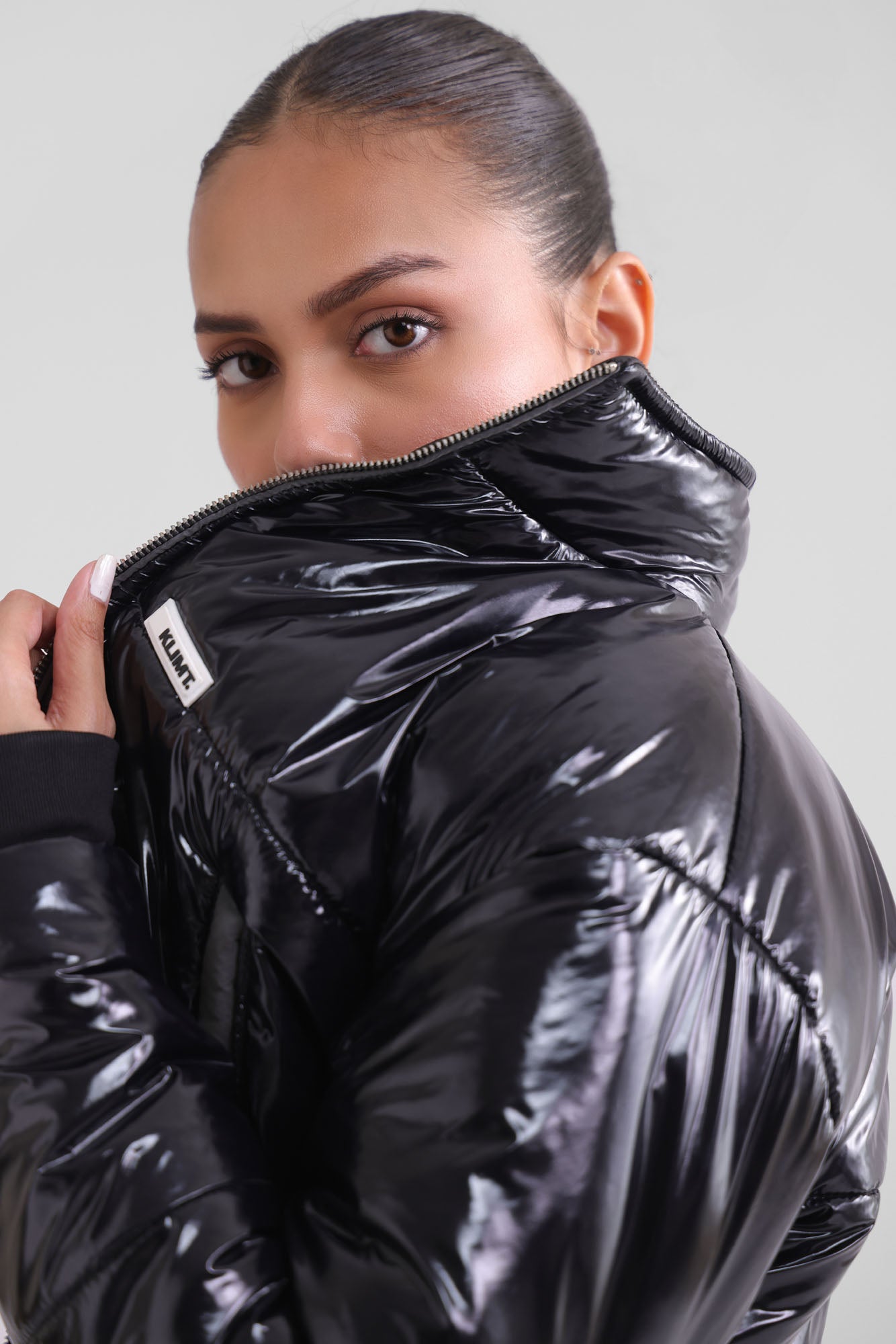 Cropped vinyl puffer coat best sale