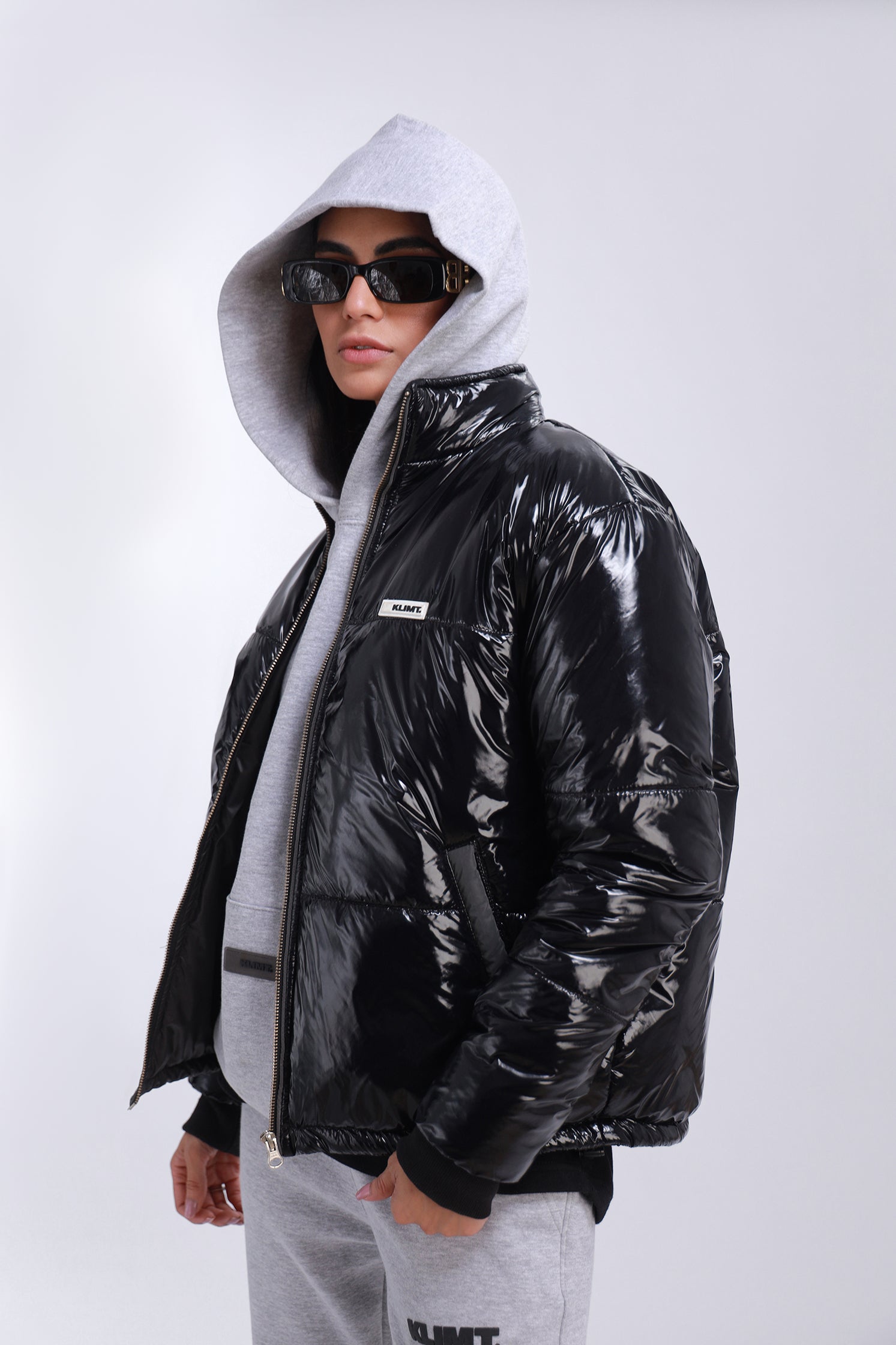 Black vinyl puffer shops jacket